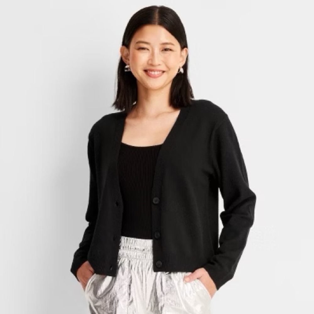 A New Day Ribbed V-Neck Slim Cardigan Sweater Black Large - Picture 4 of 14